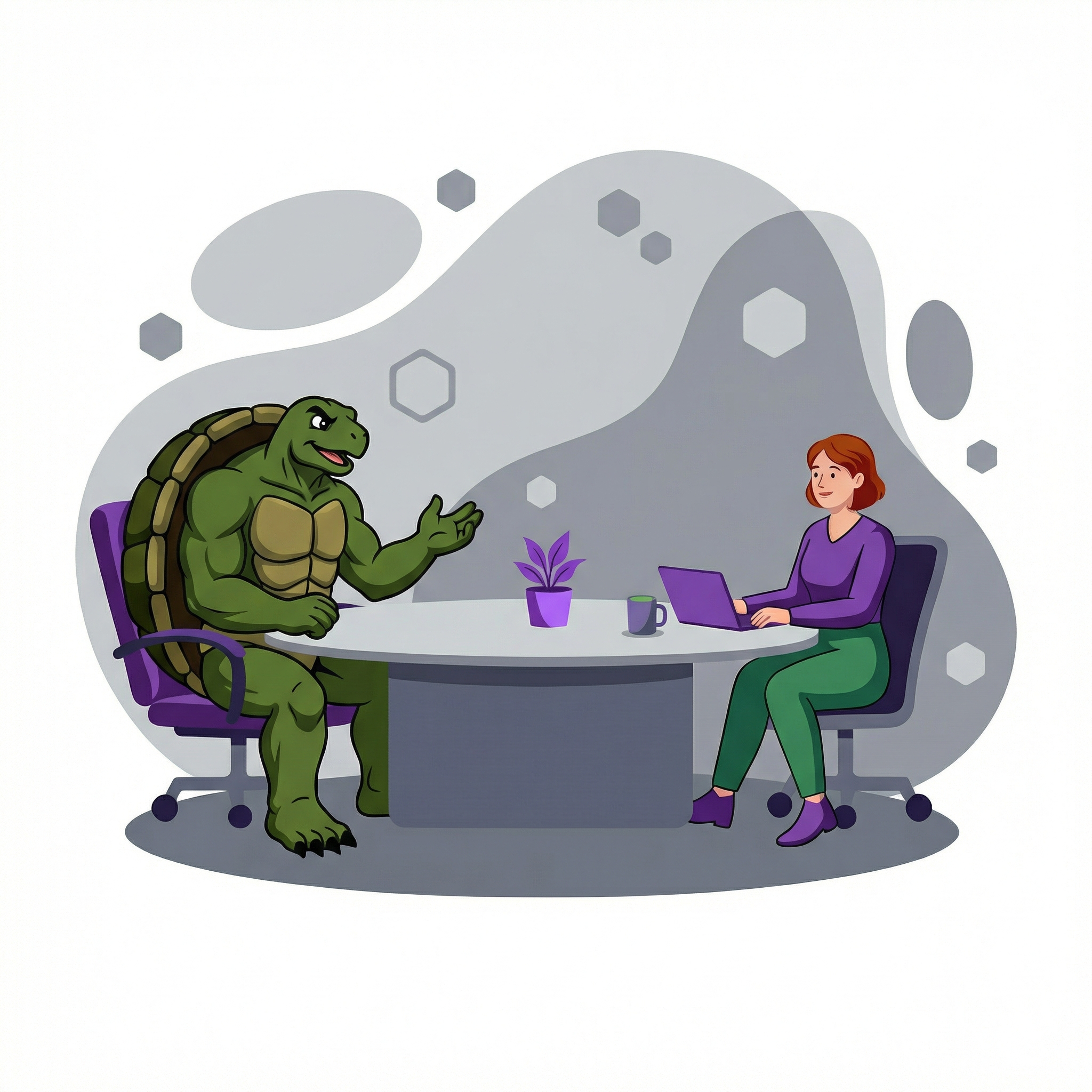 brand character sitting at a table across from employee at a tech company. Talking to them about how to improve their website SEO.