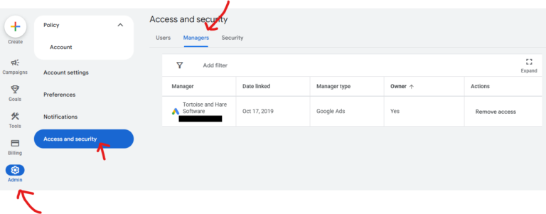 google ads manager account linking request in access and security area