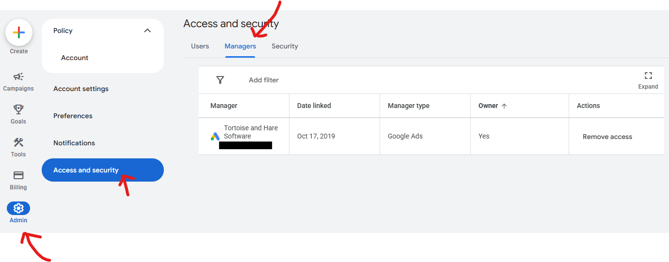 google ads manager account linking request in access and security area
