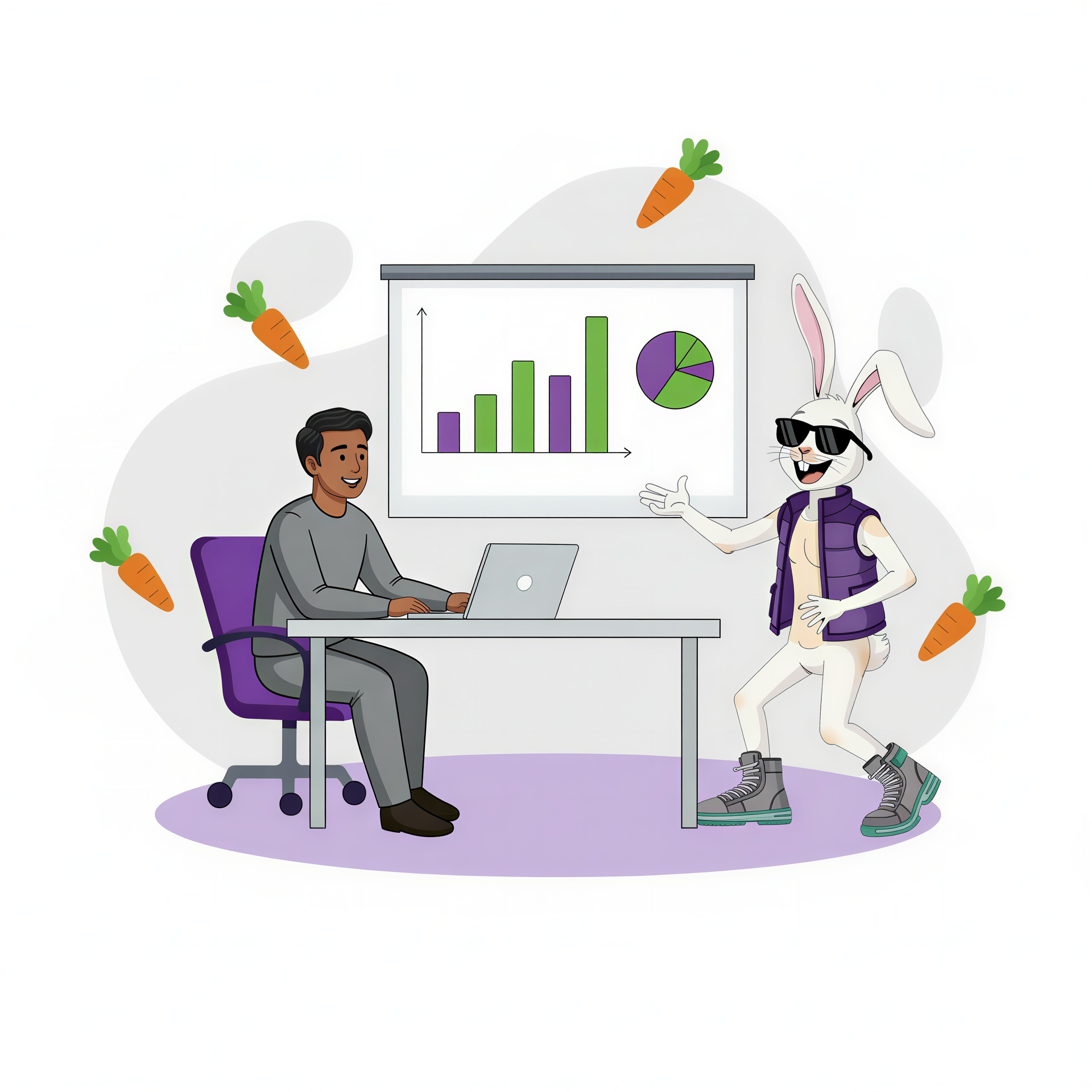 brand character standing up next to a chart giving a presentation on investing in pay per click ads to an adult male sitting at a table