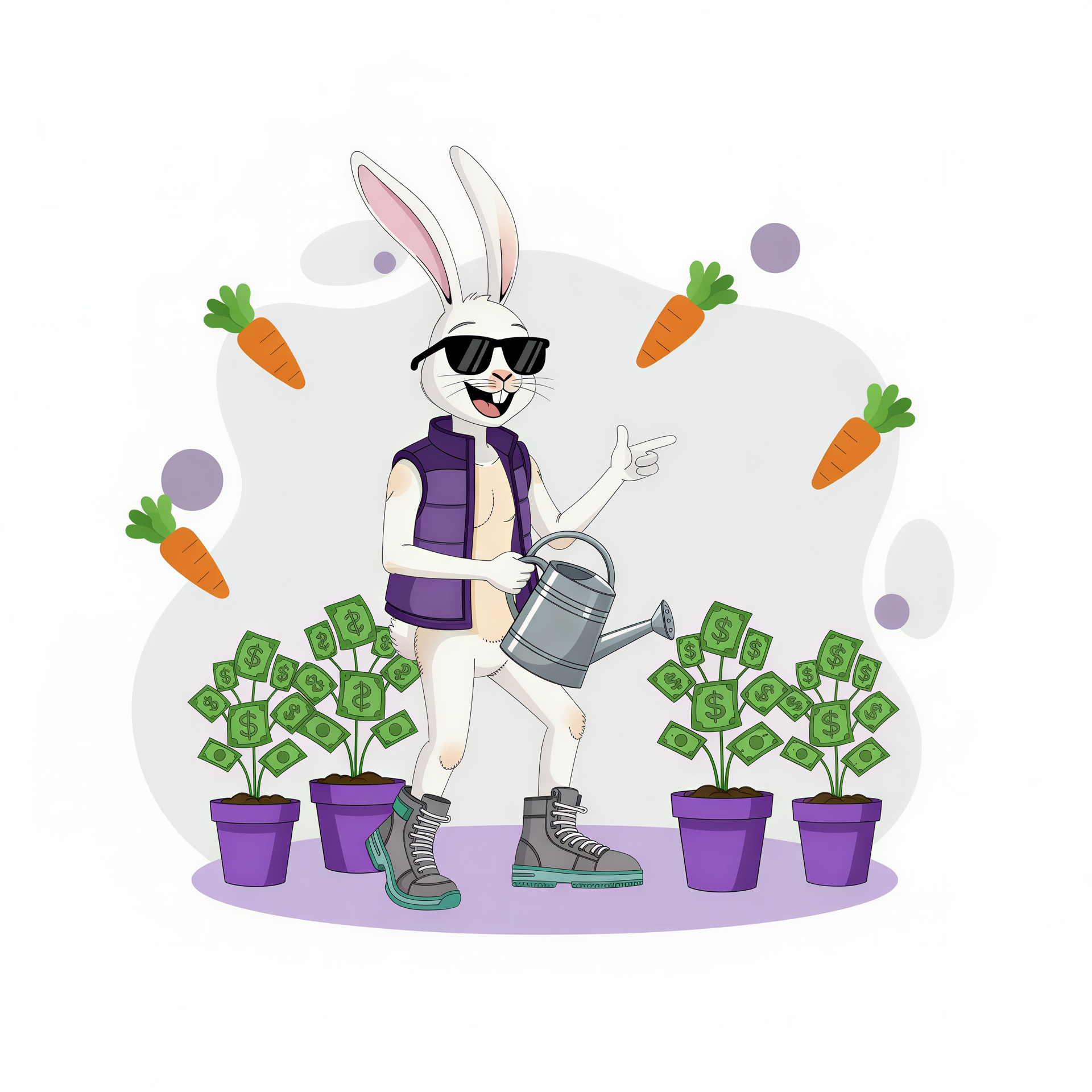 brand character holding a watering pail and watering money plants. Illustrating the concept of making money from PPC ads.