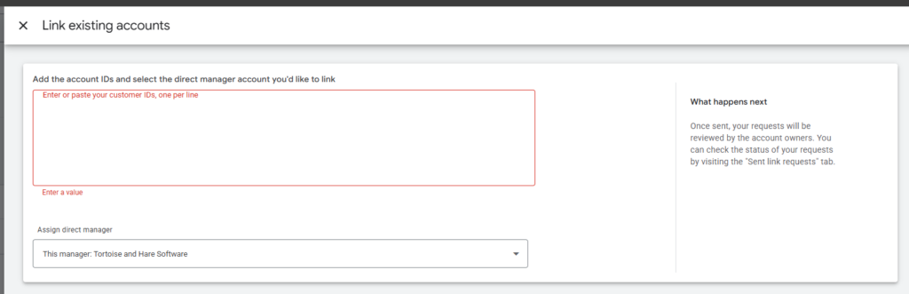google ads manager account linking request screen