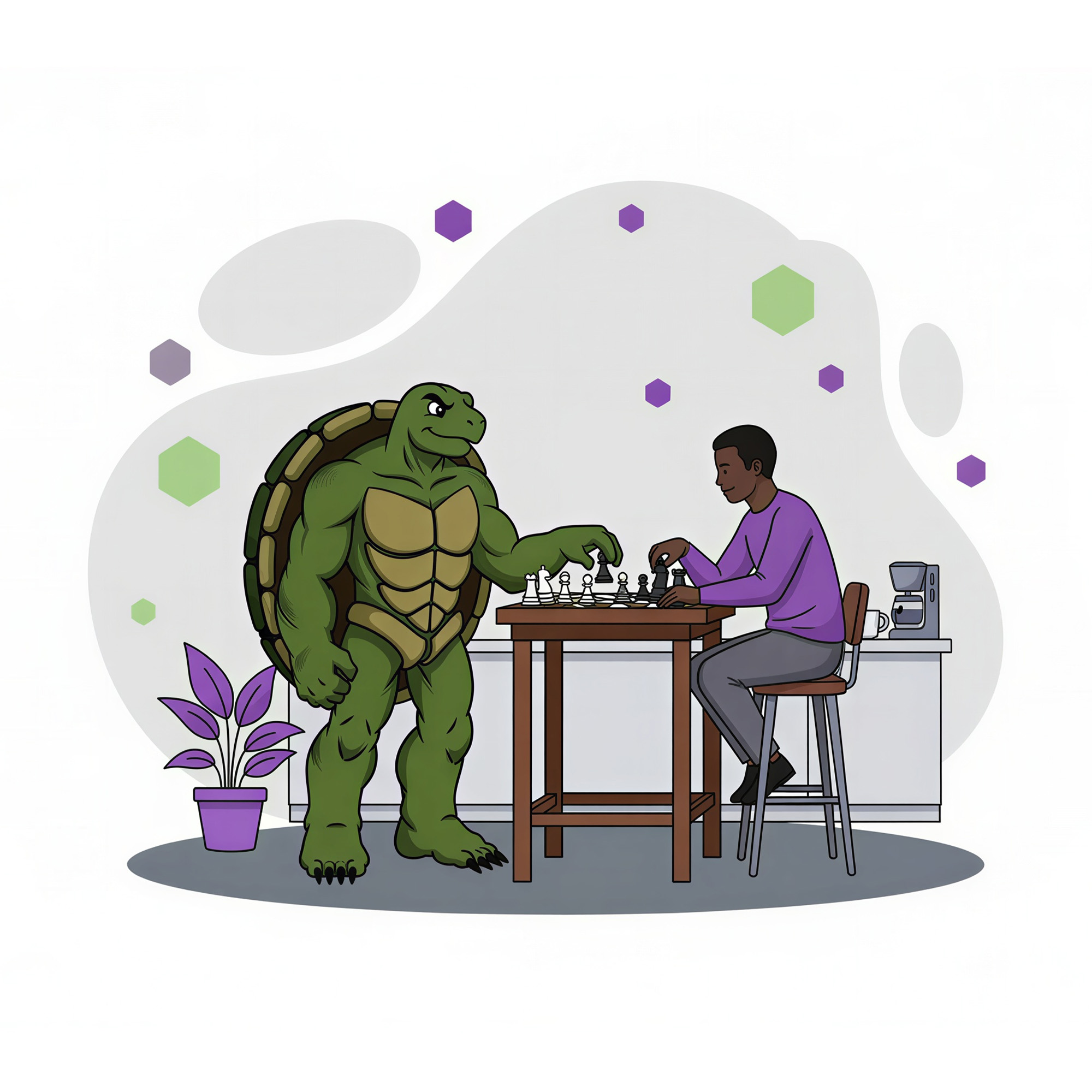 sitting in a break room discussing link building strategies while playing a game of chess