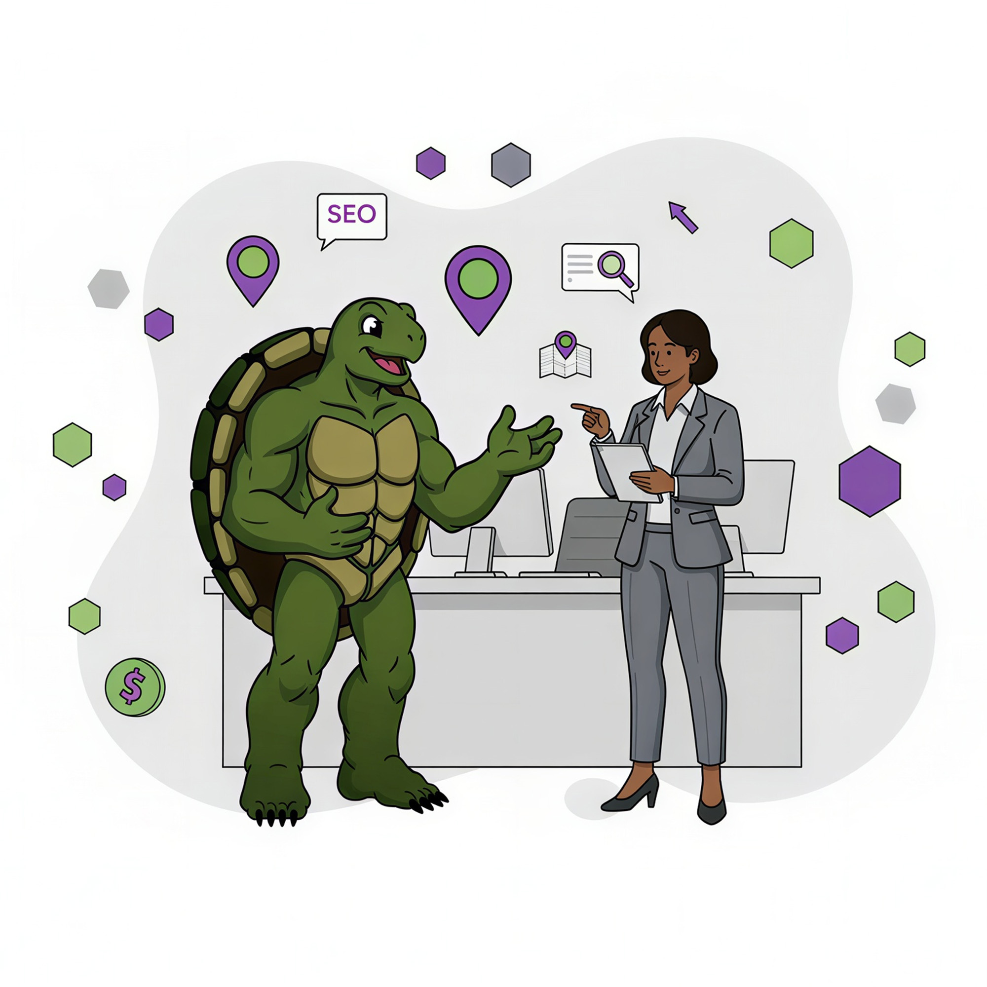 talking with a client about local seo strategies in an office setting