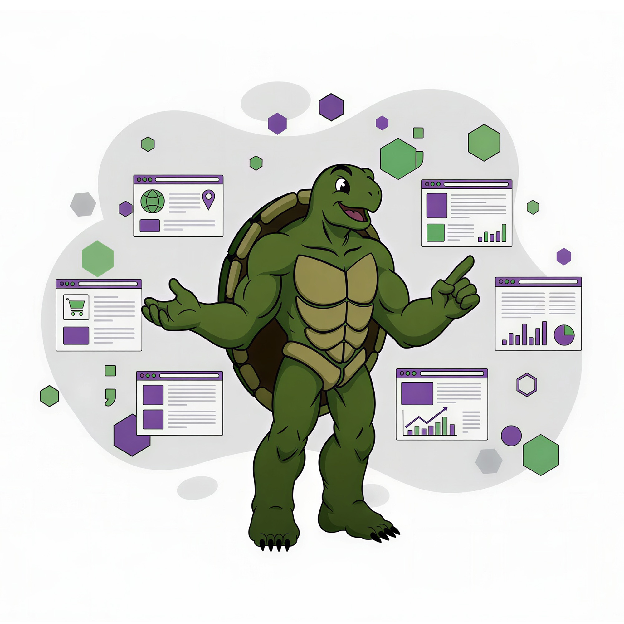 brand character hovering near programmatically generated web pages