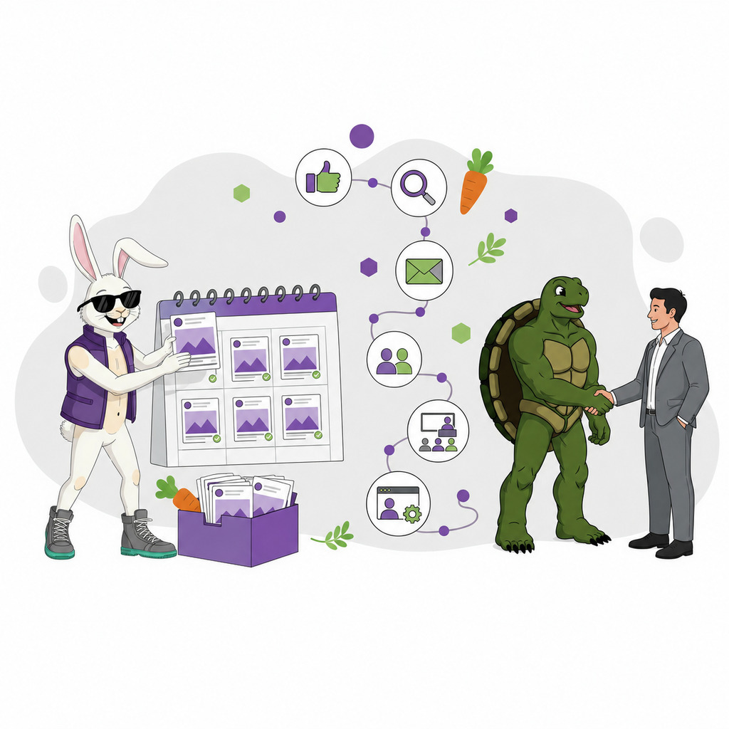 MSP marketing team maintaining consistent social publishing throughout a longer B2B buying journey.