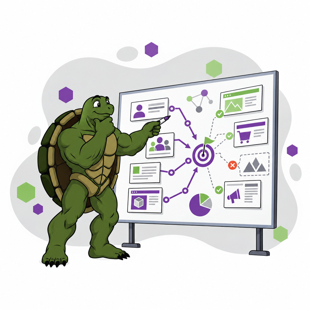Brand mascot maps buyer, content, and publication targets across a B2B technology link-building strategy board.
