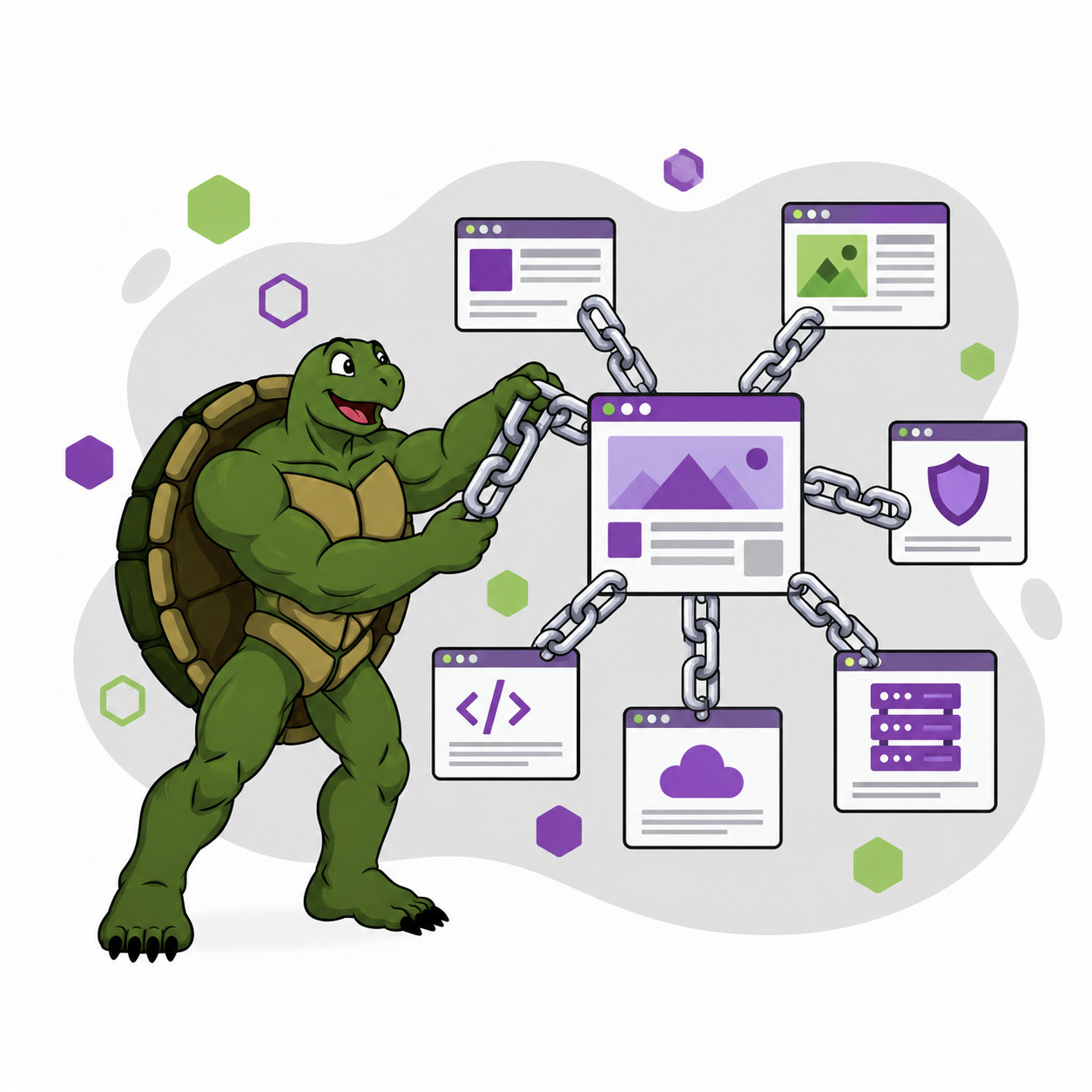Brand mascot connects a central technology webpage to cloud, cybersecurity, software, and publisher pages with chain links.