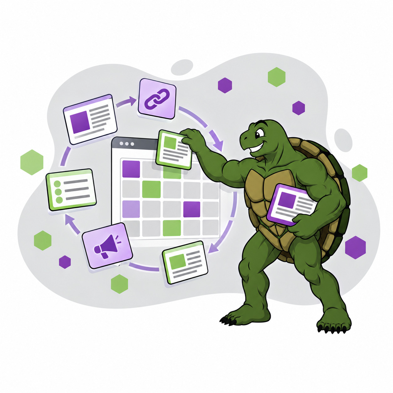 Brand mascot arranges article, link, listicle, and brand mention cards around a monthly campaign calendar.