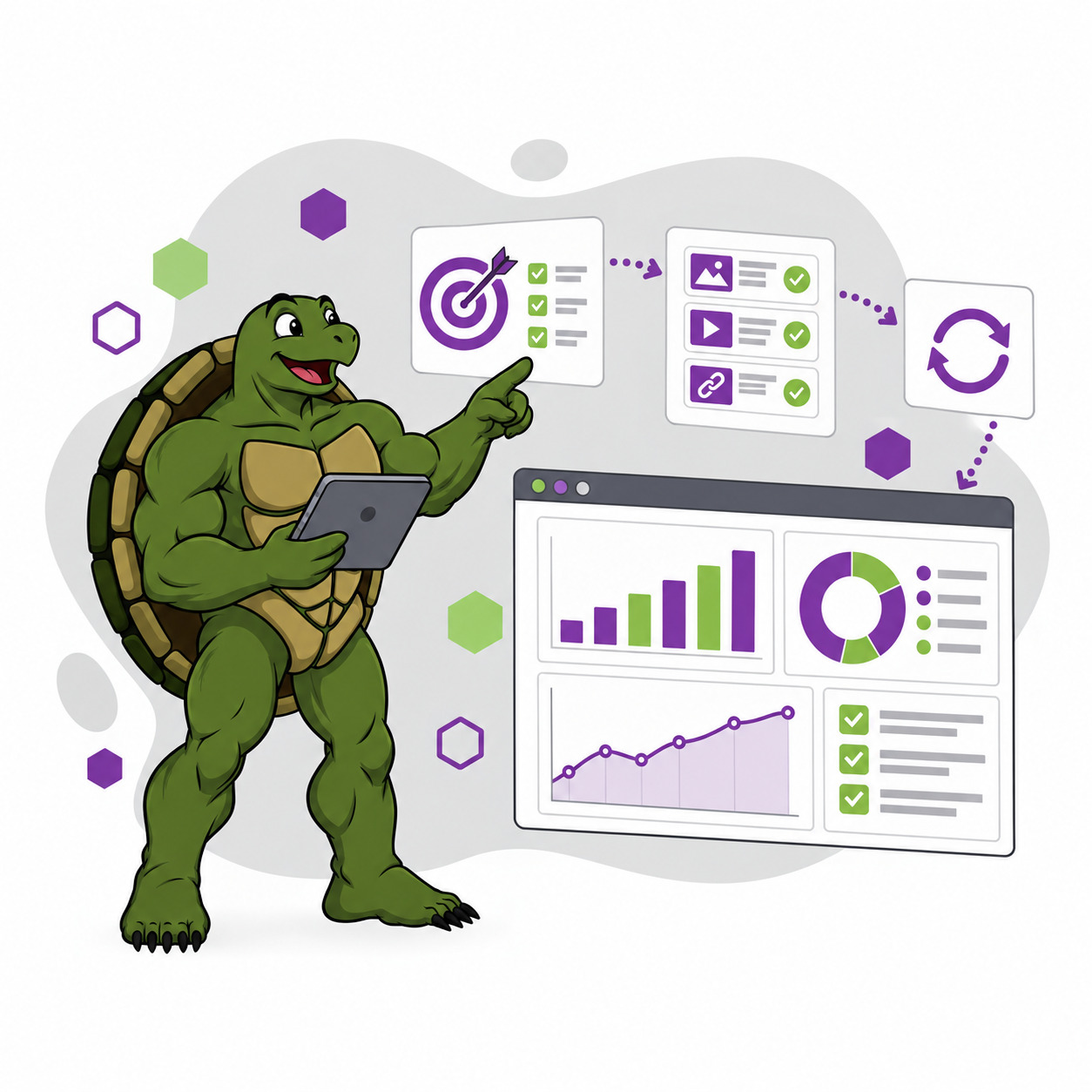 Brand mascot manages completed placement tasks and reviews campaign charts on a reporting dashboard.