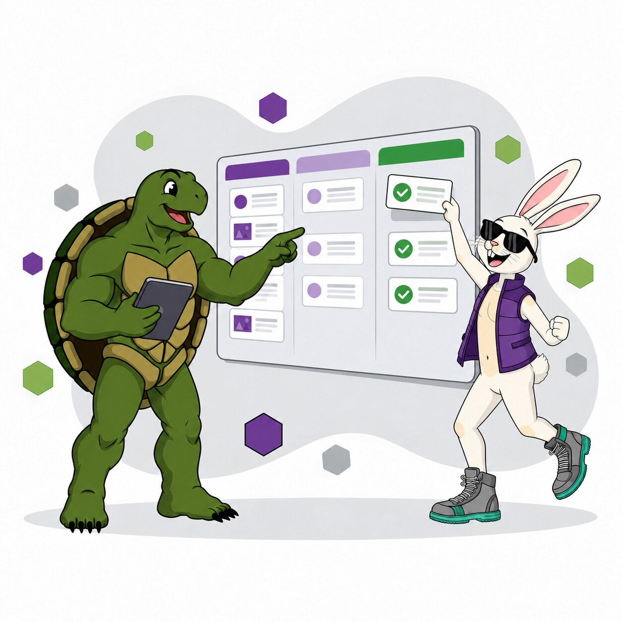 MegaByte and Dash completing a software development marketing plan