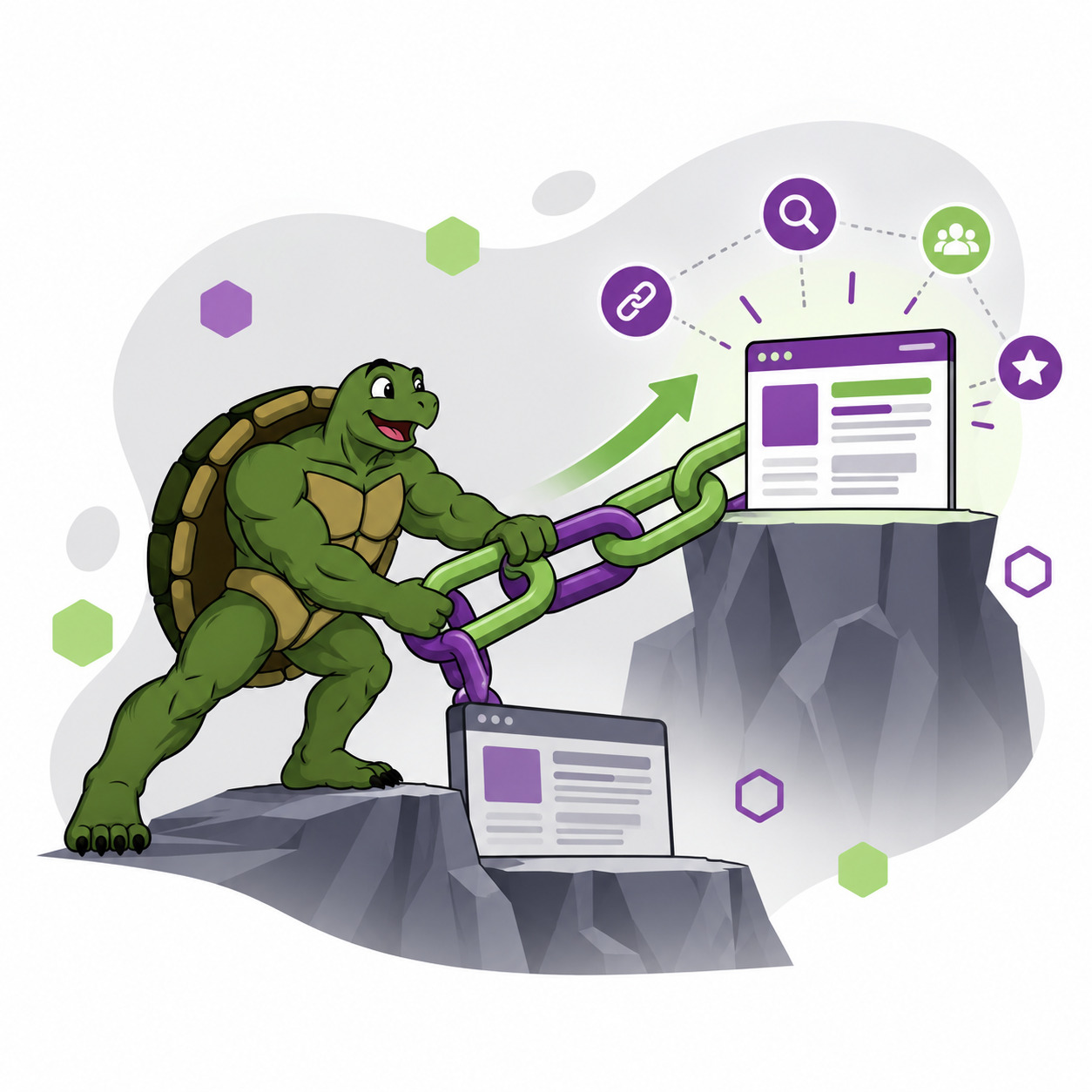 Brand mascot pulls a chain bridge that lifts a technology webpage toward greater search visibility.