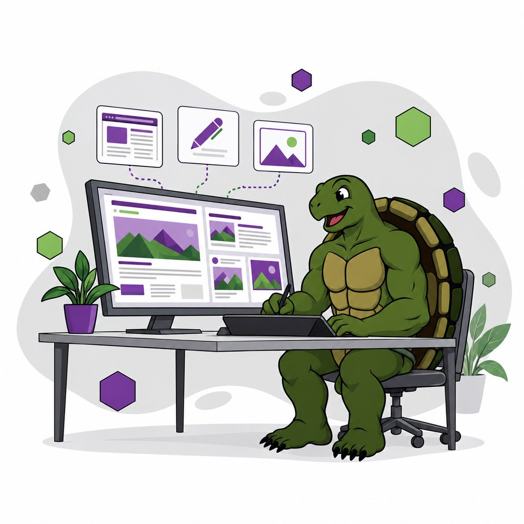 A tortoise character creates coordinated landing page, blog, and social graphics using reusable skills.