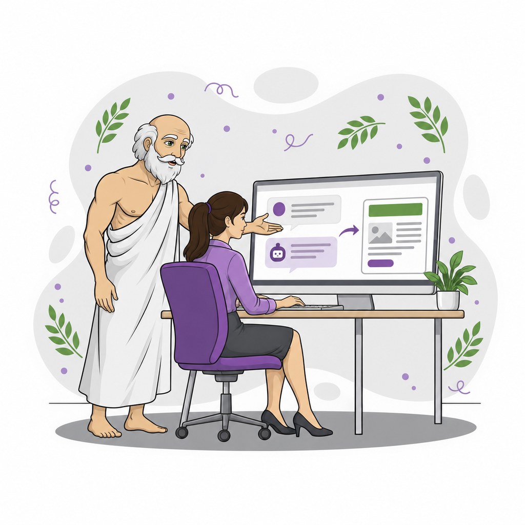 A consultant helps a marketing manager refine ChatGPT content at a workstation.