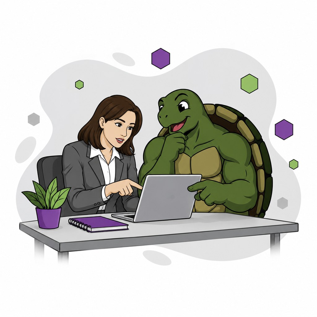 A tortoise character and a marketing professional review a content draft together on a laptop.