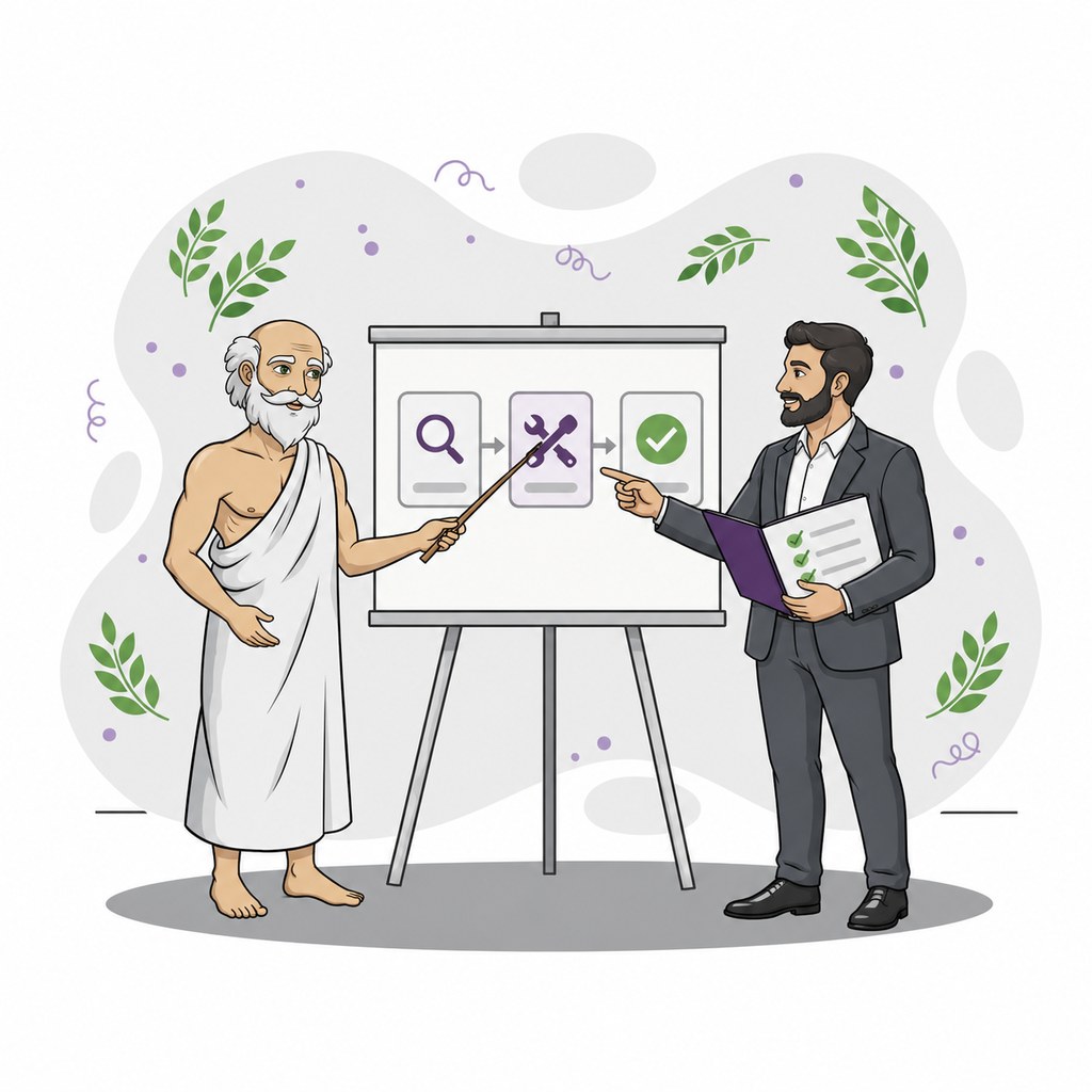 A consultant and business owner review a three-step implementation plan.
