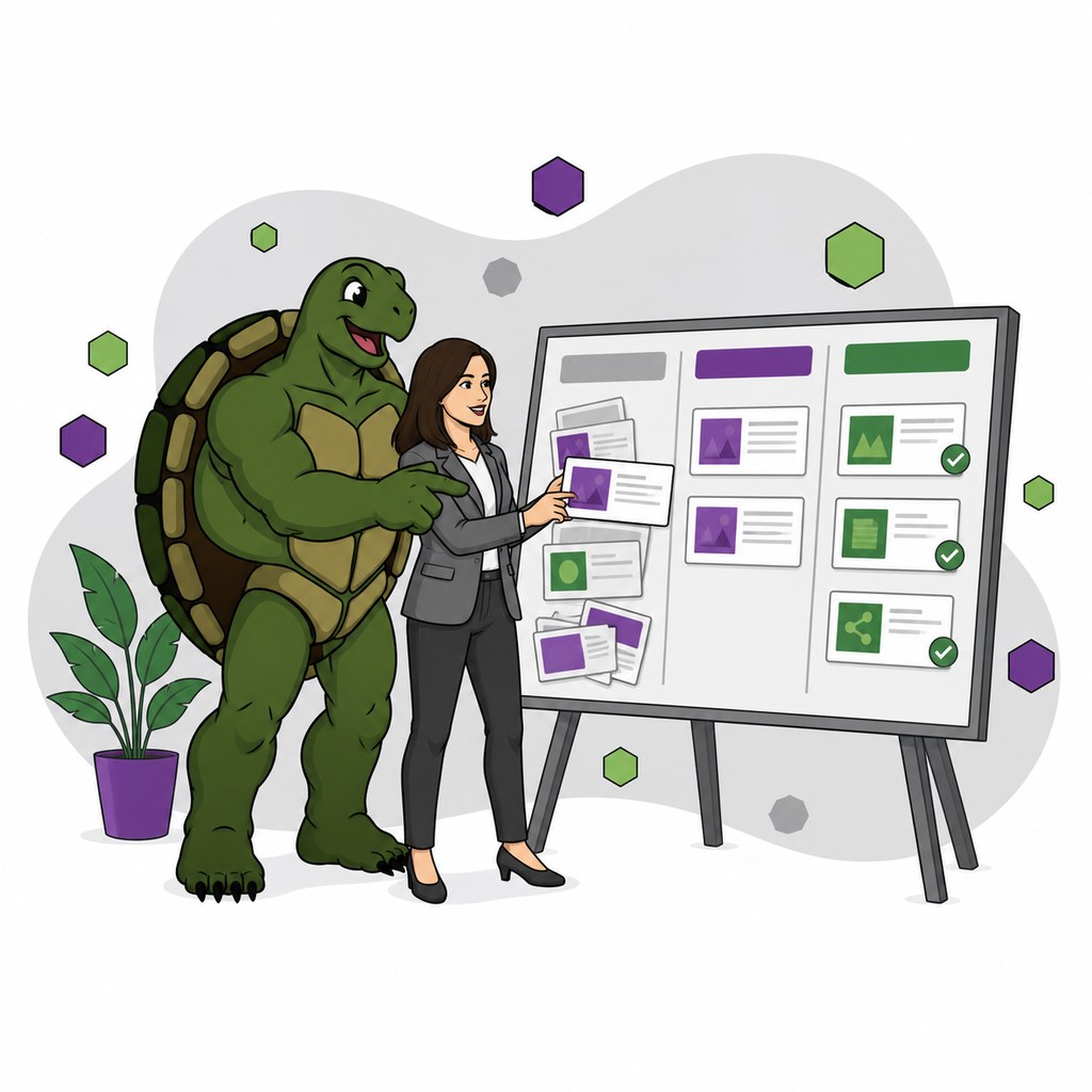 A marketing manager organizes draft content into a repeatable workflow with a consultant.