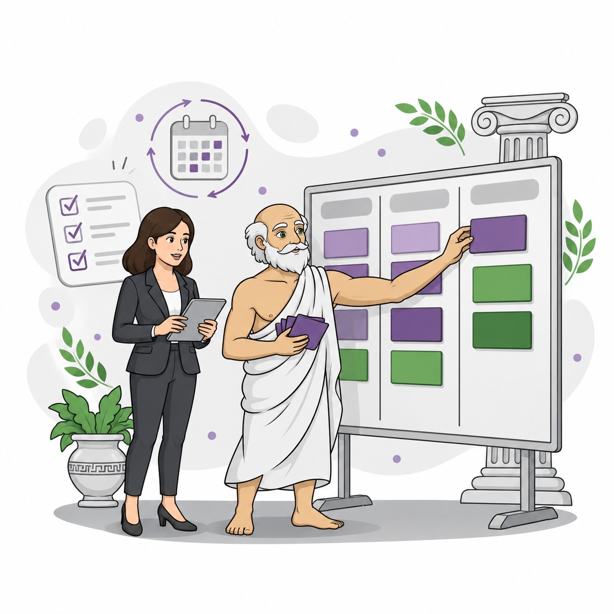 Marketing advisor moves a task card across a Kanban board while a marketing lead reviews sprint progress.