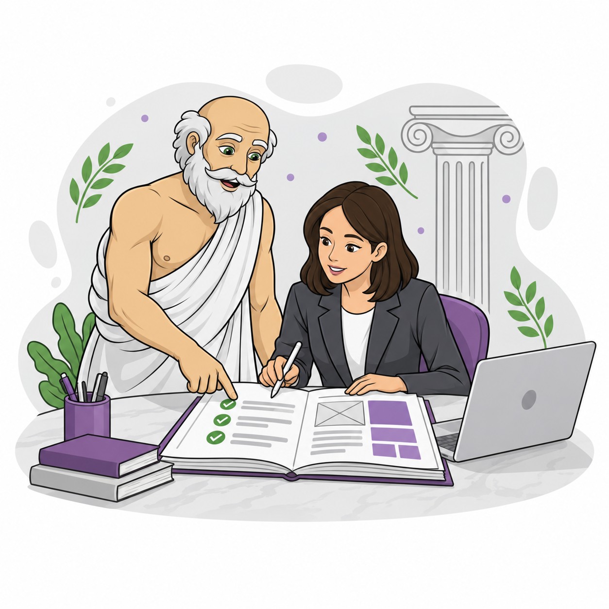 Marketing advisor and internal marketer review a task brief with a checklist and landing page wireframe.