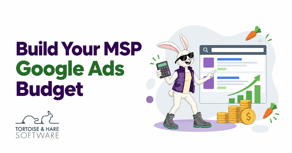 Rabbit mascot with a calculator beside an advertising dashboard, illustrating an MSP Google Ads budget and revenue growth.
