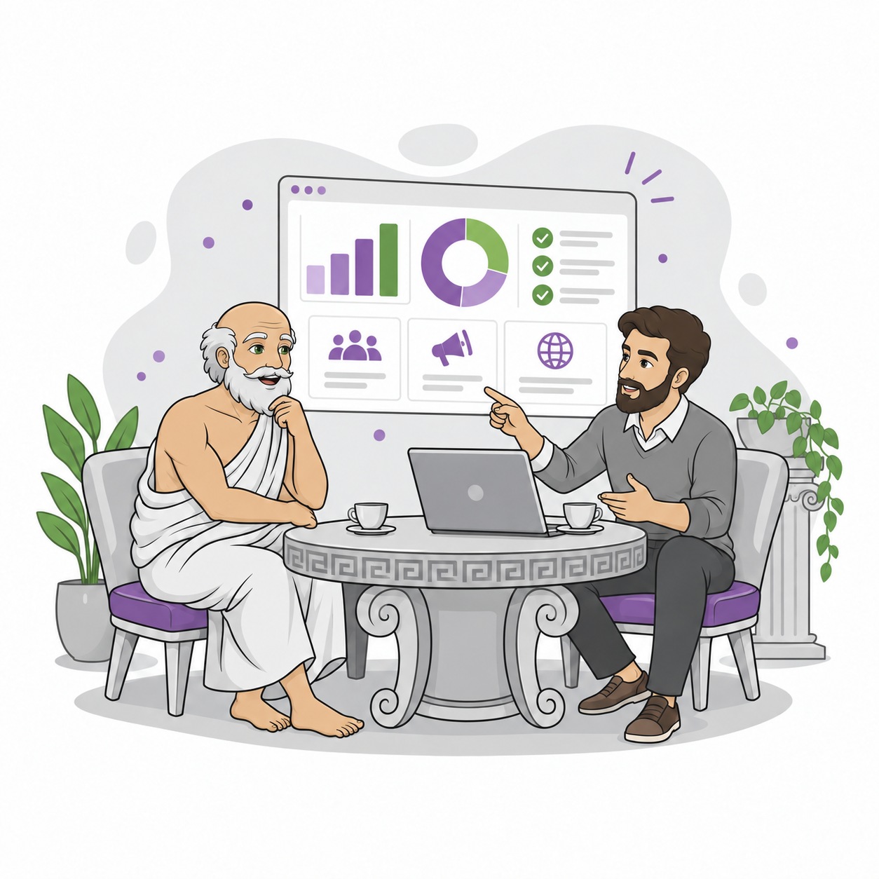 SaaS founder and marketing consultant reviewing campaign reports and discussing results.