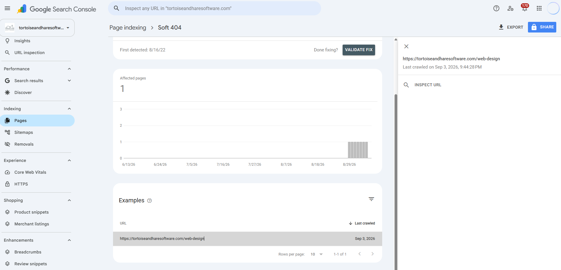 Soft 404 report in Google Search Console showing the trend and example affected URLs.