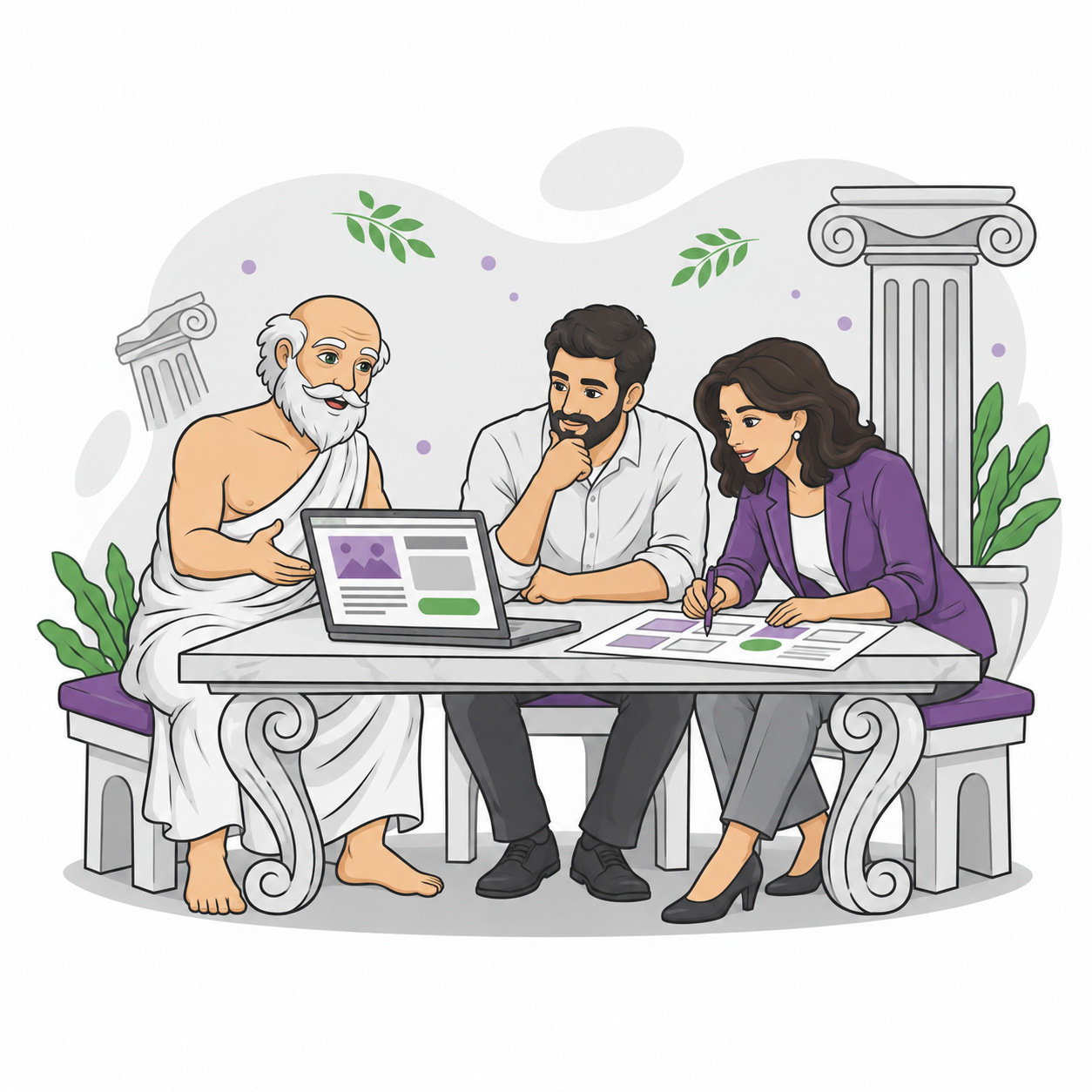 Marketing consultant collaborating with two professionals on a landing page and a technology marketing plan.
