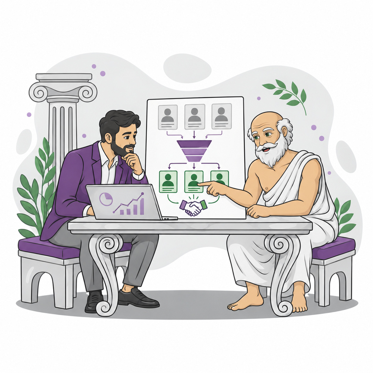 Marketing consultant reviewing a funnel that connects business buyer profiles with qualified leads and sales conversations.